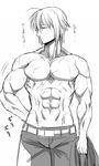  abs ahoge alternate_costume amazon_(taitaitaira) greyscale highres male_focus manly mannosuke monochrome morichika_rinnosuke muscle pants scar shirtless solo touhou translated 