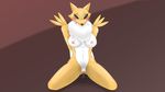  2016 anthro black_sclera blue_eyes blush breasts brown_background digimon dripping female gloves_(marking) hi_res kneeling looking_at_viewer markings mrmoebius neck_tuft nipples pussy pussy_juice renamon simple_background solo spread_legs spreading tuft 