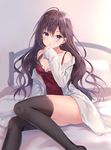  black_hair black_legwear blue_eyes blush breasts cleavage earrings eyebrows eyebrows_visible_through_hair fukahire_(ruinon) hand_on_own_face ichinose_shiki idolmaster idolmaster_cinderella_girls jewelry long_hair looking_at_viewer medium_breasts no_panties no_shoes on_bed open_clothes shirt solo strap_slip thighhighs tsurime very_long_hair white_shirt 