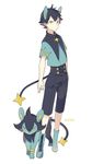  animal_ears arms_at_sides bangs black_hair black_shorts blue_footwear boots closed_mouth cross-laced_footwear frown full_body gen_4_pokemon highres lace-up_boots looking_at_viewer luxio male_focus number o-ishi personification pokemon pokemon_(creature) pokemon_number short_sleeves shorts simple_background standing tail white_background yellow_eyes 