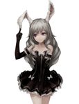  animal_ears bare_shoulders black_dress black_gloves bunny_ears collarbone covering covering_crotch cowboy_shot dress elbow_gloves elin_(tera) gloves grey_hair gyup index_finger_raised long_hair looking_away looking_up purple_eyes simple_background solo tera_online white_background 
