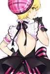  arm_garter artist_name back back_cutout bare_arms black_dress black_gloves blonde_hair blush breasts dress eyelashes frills from_behind gloves green_eyes hand_on_hip hand_up hat idolmaster idolmaster_cinderella_girls idolmaster_cinderella_girls_starlight_stage lace-trimmed_hat light_smile looking_back medium_breasts miyamoto_frederica parted_lips pink_hat plaid_hat profile short_hair short_sleeves sideboob simple_background solo white_background zn_(zzzzzni) 