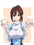  1girl apron breasts brown_hair chinatsu_(suzutsuki_kurara) commentary commentary_request food green_eyes hair_ornament hairclip highres large_breasts long_hair looking_at_viewer original shiny shiny_hair smile solo suzutsuki_kurara 