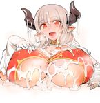  alicia_(granblue_fantasy) are_(arearee) breasts bukkake cleavage covered_nipples cum draph ejaculation granblue_fantasy highres horns huge_breasts long_hair paizuri penis pointy_ears pov red_eyes smile solo sweat tongue underboob 