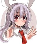  animal_ears asa_(coco) blush bunny_ears collared_shirt dress_shirt eyebrows eyebrows_visible_through_hair hair_between_eyes hands_up long_hair looking_at_viewer necktie red_eyes red_neckwear reisen_udongein_inaba shirt silver_hair sketch solo tareme touhou upper_body wing_collar 