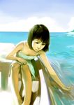  bangs black_eyes black_hair blue_sky boat breasts child cleavage cloud day dress horizon illidan legs_together light_smile lips ocean original outdoors reflection ripples sitting sky small_breasts smile soaking_hands solo summer sundress tank_top water watercraft 