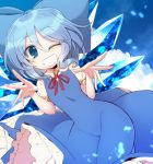  1girl ;d blouse blue_background blue_dress blue_eyes blue_hair blush bow breasts cirno collared_shirt cowboy_shot dress eyebrows_visible_through_hair frilled_dress frilled_skirt frills grin hair_between_eyes hair_bow ice ice_wings kuresento looking_at_viewer neck_ribbon no_nose one_eye_closed open_mouth puffy_sleeves red_ribbon ribbon shirt short_hair short_sleeves skirt small_breasts smile solo spread_fingers taut_clothes taut_dress touhou white_shirt wide_hips wings 