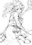  commentary_request from_behind granblue_fantasy greyscale hanamuke hat highres long_hair looking_at_viewer looking_back monochrome sitting smile solo sophia_(granblue_fantasy) staff twintails wariza 