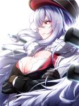  1girl azur_lane bangs black_hat bra breasts brown_gloves cleavage cleavage_cutout commentary_request eyebrows_visible_through_hair fur_collar gloves graf_zeppelin_(azur_lane) grey_background hair_between_eyes hat highres large_breasts long_hair long_sleeves open_mouth red_eyes shiny shiny_hair silver_hair simple_background solo speech_bubble takatun223 tsurime underwear upper_body white_bra 