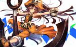  anchor ankle_boots belt boots bracer breasts brown_eyes brown_hair clenched_hand crop_top fingerless_gloves gloves guilty_gear hat huge_weapon long_hair may_(guilty_gear) navel orange_hat oro_(sumakaita) pants pants_rolled_up pirate_hat sailor_collar showgirl_skirt skull_and_crossbones sleeveless small_breasts solo twitter_username weapon 
