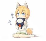  animal_ear_fluff animal_ears biting blank_eyes blonde_hair blue_eyes blush bottomless extra_ears fang fox_ears fox_tail hood hood_down hoodie kuroino_(poco) long_sleeves lowres original poco_(asahi_age) shiratama_kitsune short_hair simple_background sitting socks solo tail wariza white_background 