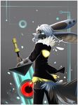  anthro aseethe big_ears blue_eyes brown_fur clothing feathers female fur glowing greatsword hair jacket looking_back melee_weapon melody sword transistor weapon white_hair 