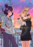  2girls abigail_williams_(fate/grand_order) bangs bendy_straw black_bow black_jacket blonde_hair blue_eyes bow breasts building closed_mouth cloud cloudy_sky commentary_request cup dated disposable_cup drinking_straw fate/grand_order fate_(series) grey_hoodie hair_bow hair_bun hand_in_pocket heroic_spirit_traveling_outfit highres holding holding_cup hood hood_down hoodie jacket katsushika_hokusai_(fate/grand_order) kiaji_(pixiv7643817) long_hair long_sleeves multiple_girls object_hug orange_bow pants parted_bangs parted_lips polka_dot polka_dot_bow purple_hair purple_pants signature sky sleeves_past_wrists small_breasts smile stuffed_animal stuffed_toy sunset teddy_bear 