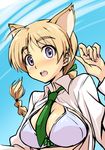  ahoge animal_ears between_breasts blue_eyes blush bra braid breasts brown_hair cat_ears gonzui_(hojo) hair_ribbon large_breasts long_hair looking_at_viewer lynette_bishop necktie necktie_between_breasts open_clothes open_mouth open_shirt ribbon shirt solo strike_witches underwear world_witches_series 