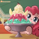  banana banana_split blue_eyes blush bowl cherry dessert diner earth_pony equine female food friendship_is_magic fruit hair horse ice_cream inside lumineko mammal my_little_pony pink_body pink_hair pinkie_pie_(mlp) pony restaurant smile solo spoiler spoiler_alert sprinkles 