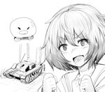  akiyama_yukari are_(arearee) girls_und_panzer greyscale ground_vehicle highres military military_vehicle monochrome motor_vehicle ooarai_school_uniform short_hair simple_background solo sturmgeschutz_iii tank upper_body white_background 