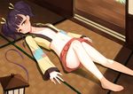  bare_legs barefoot bow breasts brown_eyes close-up collarbone day flan_(seeyouflan) frown hair_ribbon head_tilt highres indoors jacket knee_up koutetsujou_no_kabaneri lantern long_sleeves lying mumei_(kabaneri) navel no_bra on_back open_clothes open_door open_jacket purple_hair red_bow red_skirt ribbon short_hair skirt sliding_doors small_breasts solo stomach sunlight tatami toes wooden_floor yellow_jacket yellow_ribbon 