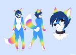  2015 anthro blue_background blue_fur blue_hair canine collar english_text eyes_closed fox fur hair hutchyy looking_at_viewer male mammal model_sheet multicolored_fur nude purple_eyes rainbow_fur simple_background smile solo standing text tongue tongue_out vessy white_fur 
