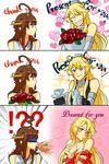  2girls 3koma ahoge bad_id bad_twitter_id banned_artist bare_shoulders bdsm blonde_hair blue_eyes blush bondage bound bouquet brown_hair comic commentary cup english flower grin heart highres iowa_(kantai_collection) kantai_collection kongou_(kantai_collection) long_hair multiple_girls naked_ribbon nude plate ribbon ribbon_bondage shaded_face smile sparkle spit_take spitting tachikoma_(mousou_teikoku) tea teacup teapot yuri 