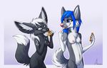  anthro aseethe big_ears black_fur blue_eyes blue_hair canine curled_tail dog eating fennec fox fur grey_fur hair husky invalid_tag mammal nipples pink_nose tymid waffles white_fur white_hair 