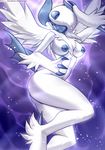  2016 absol alanscampos anthro blue_claws blue_horn blue_nipples breasts butt claws female fur hair half-closed_eyes horn long_hair looking_at_viewer mega_absol mega_evolution navel nintendo nipples nude pok&eacute;mon pok&eacute;morph pose raised_tail red_eyes solo video_games white_fur wings 