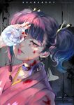  bangs black_background black_hair blood blood_on_face bloody_hands blunt_bangs budinger choker covering_one_eye eyelashes flower hair_ribbon hair_tie half-closed_eyes hand_over_eye head_tilt highres holding holding_flower japanese_clothes kimono koutetsujou_no_kabaneri mumei_(kabaneri) one_eye_covered parted_lips pink_hair pink_lips ribbon ribbon_choker shade shadow sidelocks solo splatter tears twintails upper_body white_flower yellow_ribbon 