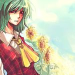  ascot blue_sky breasts collared_shirt day expressionless flower garden_of_the_sun green_hair kazami_yuuka long_sleeves looking_at_viewer lowres medium_breasts parted_lips plaid plaid_vest red_eyes red_vest semicolon shirt short_hair sky solo sunflower touhou upper_body vest white_shirt 