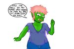 black_eyes blouse breasts clothing colored english_text fangs goblin hair humanoid jeans not_furry pants pink_hair short_stack simple_background smithy speech_bubble squint standing text thedartkid translucent voluptuous white_background 