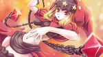  blonde_hair brown_eyes chain cowboy_shot crystal dutch_angle highres hood juliet_sleeves long_sleeves looking_at_viewer midriff navel odin_sphere puffy_sleeves rito_(ritostyle) solo star velvet_(odin_sphere) weapon 