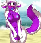  2016 anthro areola beach blue_nipples blue_pussy blue_tongue blush breasts canine cloud day embarrassed female fur hair hi_res mammal navel nipples nude open_mouth outside purple_eyes purple_fur purple_hair pussy sand seaside sky sm0shy solo standing teeth water white_fur white_hair wolf 