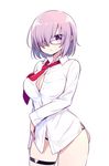  black_panties blush breasts button_gap chan_co cowboy_shot dress_shirt fate/grand_order fate_(series) glasses hair_over_one_eye large_breasts looking_at_viewer mash_kyrielight necktie no_pants panties purple_eyes purple_hair red_neckwear shirt short_hair simple_background solo thigh_strap underwear white_background white_shirt 