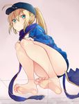  ahoge artoria_pendragon_(all) ass barefoot baseball_cap batatata77 blonde_hair blue_eyes blue_scarf fate/grand_order fate_(series) feet hat highres long_hair looking_at_viewer mysterious_heroine_x ponytail rojiura_satsuki:_chapter_heroine_sanctuary scarf soles solo squatting toes x-ray 