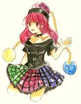  bad_id bad_pixiv_id beige_background black_shirt blush breasts chain cleavage clothes_writing collar cowboy_shot cropped_legs earth_(ornament) frilled_skirt frills gold_chain hand_up hat hecatia_lapislazuli long_hair looking_at_viewer medium_breasts moon_(ornament) multicolored multicolored_clothes multicolored_skirt open_mouth plaid plaid_skirt red_eyes red_hair shirt short_sleeves sideways_glance simple_background skirt solo tama_(hiroshige_36) touhou 