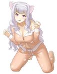  70165963 :3 animal_ears bakemonogatari barefoot black_hanekawa breasts cat_ears cleavage cosplay fangs hairband hanekawa_tsubasa hanekawa_tsubasa_(cosplay) idolmaster idolmaster_(classic) kneeling large_breasts long_hair monogatari_(series) open_mouth pajamas paw_pose pink_eyes shijou_takane silver_hair solo very_long_hair 