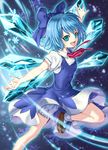  :d bloomers blue_background blue_dress blue_eyes blue_hair cirno dress fingernails folded_leg hair_ribbon light_particles looking_at_viewer mary_janes open_hand open_mouth outstretched_arms puffy_short_sleeves puffy_sleeves ribbon shoes short_hair short_sleeves smile snowflakes socks solo spread_arms touhou underwear wings yuduki_(tt-yuduki) 