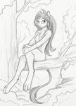  4_toes 5_fingers anthro bare_shoulders black_and_white breasts feline female fur hair hi_res invalid_tag leaves long_hair looking_at_viewer mammal monochrome nude outside res sitting sketch smile solo toes tree yakovlev-vad 