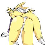  1:1 2016 absurd_res all_fours anthro anus clitoris digimon dipstick_tail female hi_res looking_at_viewer looking_back mrmoebius multicolored_tail neck_tuft pussy rear_view renamon simple_background solo tuft 