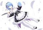  blue_eyes blue_hair cai_de_xin detached_sleeves dutch_angle frills full_body hair_ornament hair_over_one_eye headdress highres knife looking_at_viewer maid mary_janes mittens pantyhose parted_lips re:zero_kara_hajimeru_isekai_seikatsu rem_(re:zero) shoes short_hair solo white_legwear x_hair_ornament 