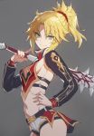  1girl belt blonde_hair braided_ponytail breasts club detached_sleeves fate/grand_order fate_(series) green_eyes hand_on_hip highres mordred_(fate)_(all) shorts sideboob spiked_club toned tonee weapon 