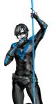  batman_(series) belt black_hair bodysuit dc_comics dick_grayson domino_mask gloves male_focus mask nightwing one_eye_closed paint simple_background solo spot_color standing white_background 