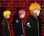  bandaid bleach blonde_hair brick_background cigar crossover emblem fairy_tail gradient_shirt kurosaki_ichigo lather male_focus multiple_boys naruto natsu_dragneel orange_hair piercing pink_hair smoke tattoo uzumaki_naruto 