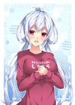  :d ahoge blush breasts clothes_writing covered_navel long_hair long_sleeves looking_at_viewer matoi_(pso2) medium_breasts milkpanda open_mouth own_hands_together phantasy_star phantasy_star_online_2 red_eyes round_teeth silver_hair smile solo sweater teeth twintails upper_body very_long_hair w_arms 