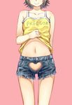  bad_id bad_pixiv_id borrowed_character cowboy_shot crotch_cutout denim denim_shorts haneru head_out_of_frame heart heart_cutout navel original shirt_lift short_hair shorts sky_(sky-freedom) smile solo tank_top 