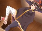  1girl bandages black_hair blush cape censored feet footjob hat hetero j-max_japan kono_subarashii_sekai_ni_shukufuku_wo! megumin penis red_eyes short_hair smile solo_focus thighhighs wizard_hat 