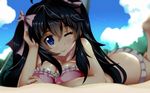  ;) ahoge bangs beach bikini black_hair blue_eyes blue_sky blurry blush bow breasts cleavage closed_mouth cloud day depth_of_field eyebrows eyebrows_visible_through_hair frilled_bikini frills hair_between_eyes hair_bow hand_on_own_head head_tilt highres large_breasts long_hair looking_at_viewer lying netoge_no_yome_wa_onna_no_ko_janai_to_omotta? on_ground on_stomach one_eye_closed outdoors paperfinger pink_bikini pink_bow sand sidelocks sky smile solo swimsuit tamaki_ako the_pose twintails 
