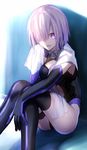  breasts elbow_gloves fate/grand_order fate_(series) gloves hair_over_one_eye large_breasts leotard long_legs looking_at_viewer mash_kyrielight md5_mismatch purple_eyes purple_hair shinooji short_hair sitting solo sweat thighhighs towel 