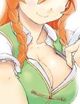  braid breasts cleavage collarbone hair_between_eyes head_out_of_frame hong_meiling kagehito large_breasts long_hair puffy_short_sleeves puffy_sleeves red_hair shirt short_sleeves simple_background smile solo touhou twin_braids unbuttoned unbuttoned_shirt upper_body white_background white_shirt 
