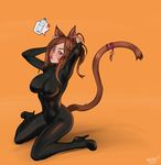  animal_humanoid bell bodysuit breasts clothing feline female high_heels human humanoid hybrid kaizhar mammal skinsuit solo sweat tight_clothing 