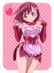  apron bangs bare_shoulders black_panties blush bow breasts detached_collar detached_sleeves dream_c_club_(series) dream_c_club_gogo. dress green_eyes hair_ornament hairpin heart karia_(dream_c_club_gogo.) kikuchi_tsutomu large_breasts looking_at_viewer panties pantyshot pink_background polka_dot polka_dot_background red_dress red_hair short_dress short_hair side-tie_panties smile solo standing strapless strapless_dress underwear waitress 