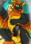  2016 anthro balls beard black_fur black_penis blue_background blue_eyes blue_sclera claws digital_media_(artwork) dragon ear_piercing erection facial_hair feathered_wings feathers fur furred_dragon hair horn looking_at_viewer male multicolored_fur neck_tuft northern_dragon nude orange_fur orange_hair pawpads penis piercing precum pubes sandalf simple_background smile solo teeth tojo_the_thief tuft wings yellow_fur yellow_pawpads 